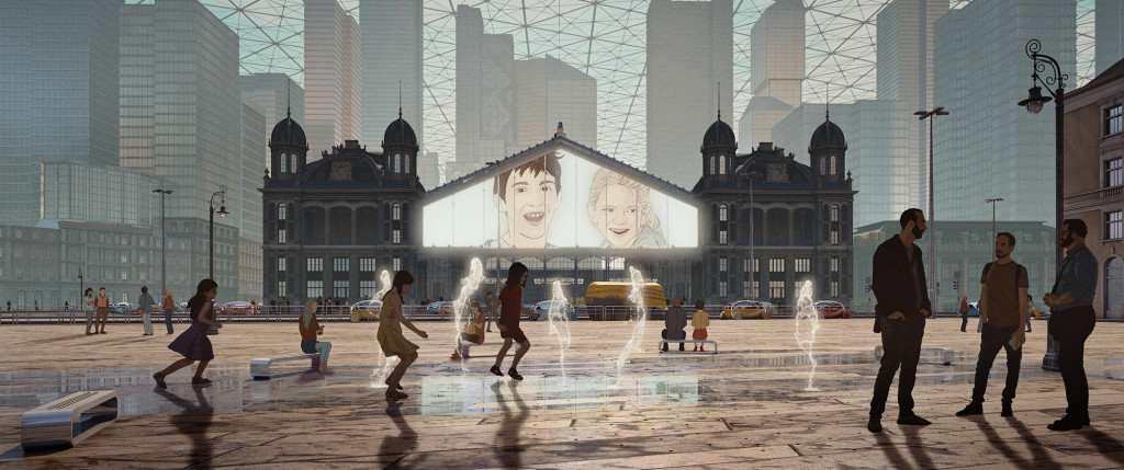 Still from the film White Plastic Sky, children playing on a square with a backdrop of futuristic city